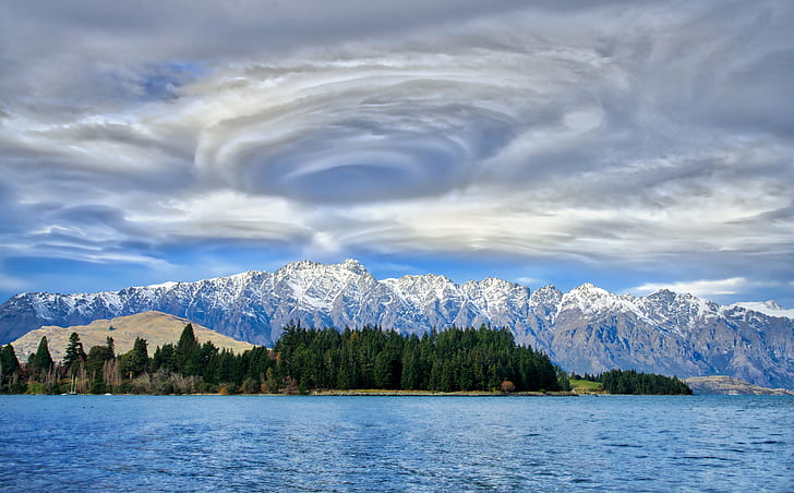 cloud storm formation near island and mountains, queenstown, queenstown, HD wallpaper