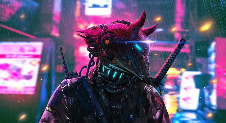cyberpunk, samurai, katana, sword, mask