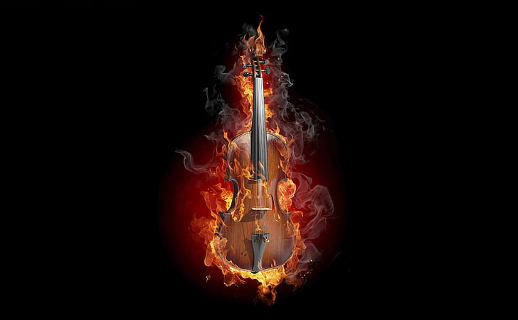 Burning Violin, fire violin digital wallpaper, Music, black background