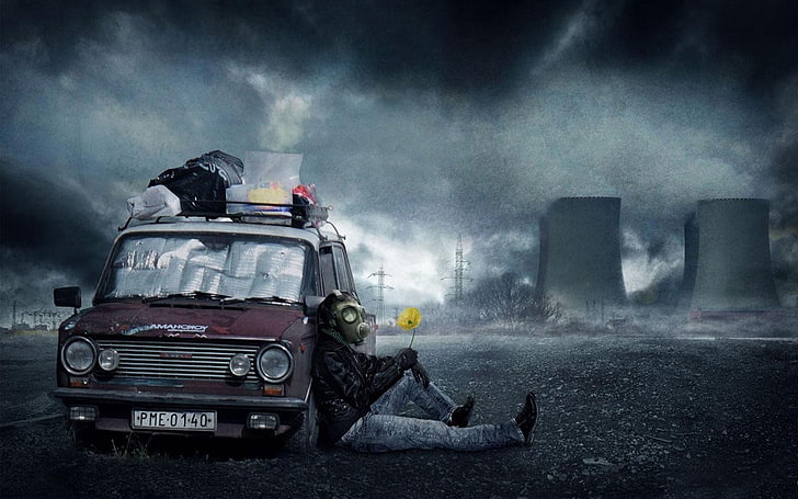 person wearing gas mask lying on red vehicle, apocalyptic, Fallout