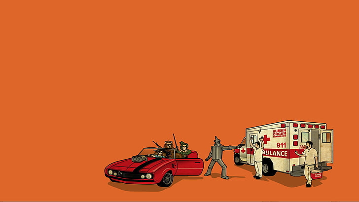 ambulance and red car digital wallpaper, threadless, simple, The Wizard of Oz