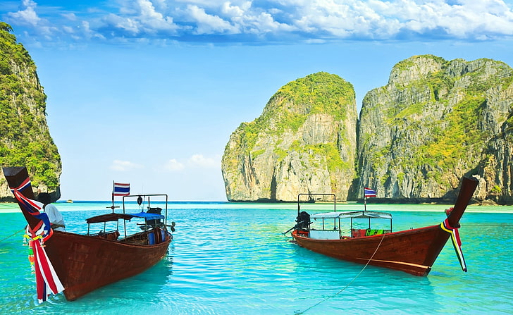 Maya Bay, Thailand, two brown boats, Asia, water, nautical vessel, HD wallpaper
