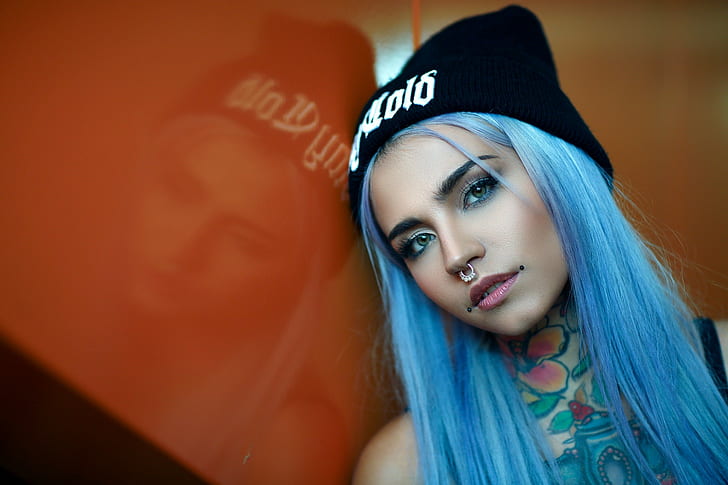 tattoo, women, nose rings, Fishball Suicide, blue hair, HD wallpaper
