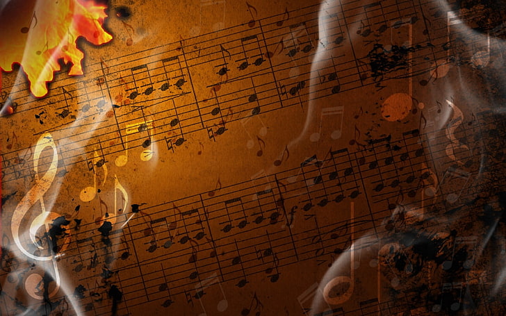 black musical notes illustration, fire, paper, smoke, ashes, sheet Music, HD wallpaper