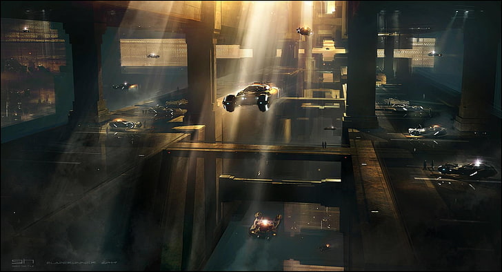 Blade Runner 2049, concept art, George Hull, spinner, sun rays