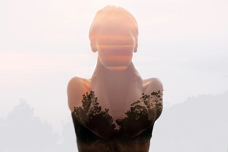 women, double exposure, photo manipulation, one person, waist up