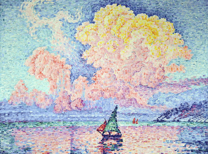 sea, landscape, boat, picture, sail, Paul Signac, pointillism, HD wallpaper