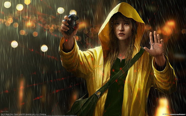 yellow rain coat, Sci Fi, Women, Grenade, young adult, one person