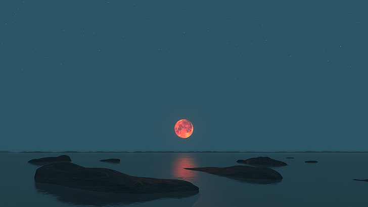 red moon, sea, lunar eclipses, landscape, photography, moonlight, HD wallpaper