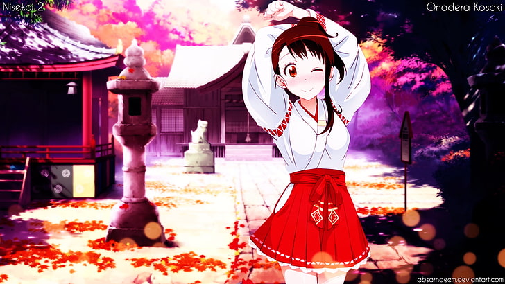 woman wearing white and red dress with hands on top of head, anime