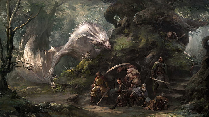 xiaodi jin, concept art, dragon, forest, people, warrior, shield, HD wallpaper