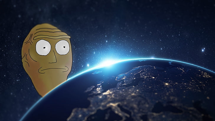 planet wallpaper, Rick and Morty, cartoon, Earth, floating heads, HD wallpaper