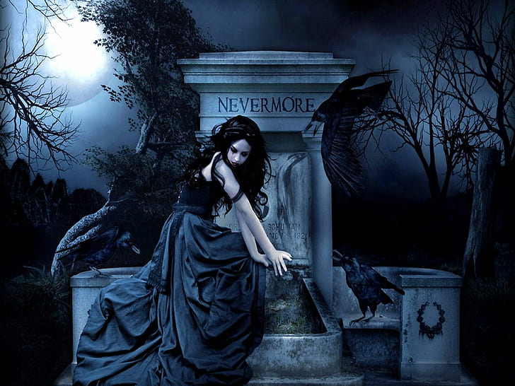 girl, gothic, nevermore, ravens