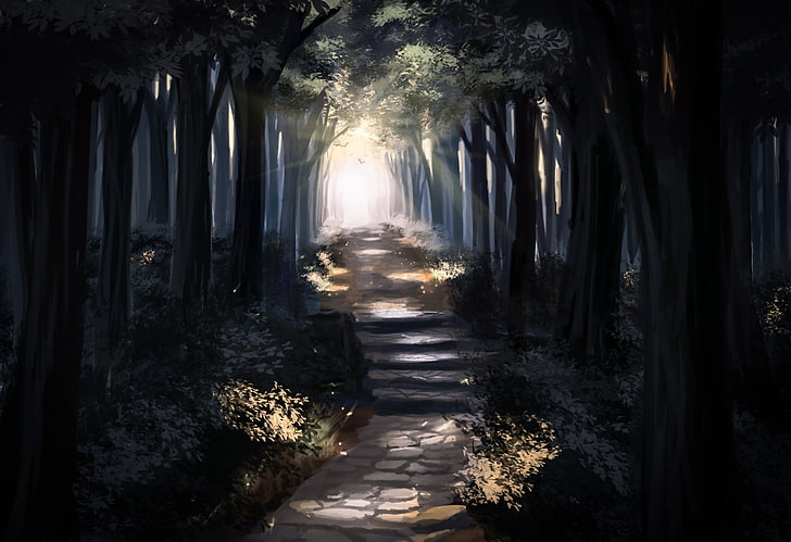 gray concrete pathway, anime, forest, landscape, trees, direction