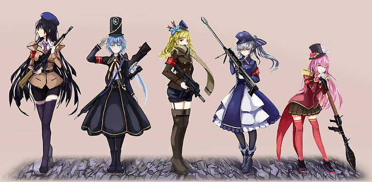 anime, anime girls, gun, weapon, uniform, original characters