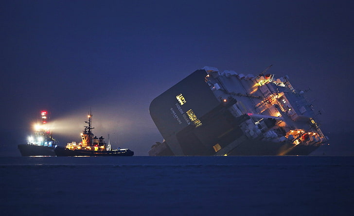 black ship, sea, shipwreck, cargo, night, lights, nautical vessel, HD wallpaper