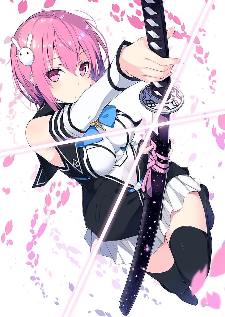 anime girls, pink hair, katana, sword, pink eyes