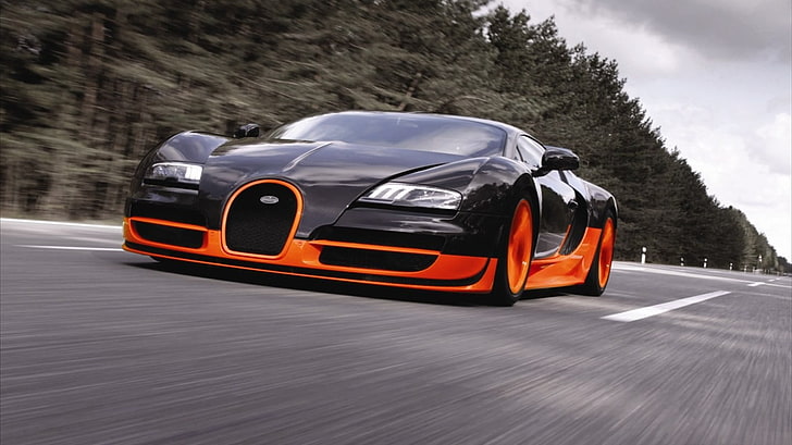 black and orange Bugatti Veyron, road, mode of transportation