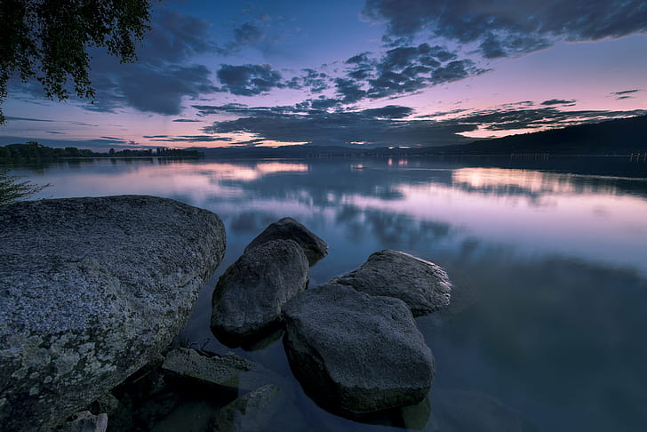 boulders on body of water surrounded by trees under stratus clouds, HD wallpaper