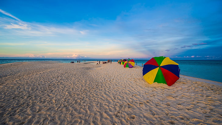 beach, asia, sandy beach, blue sky, sunshade, white sand, nikon