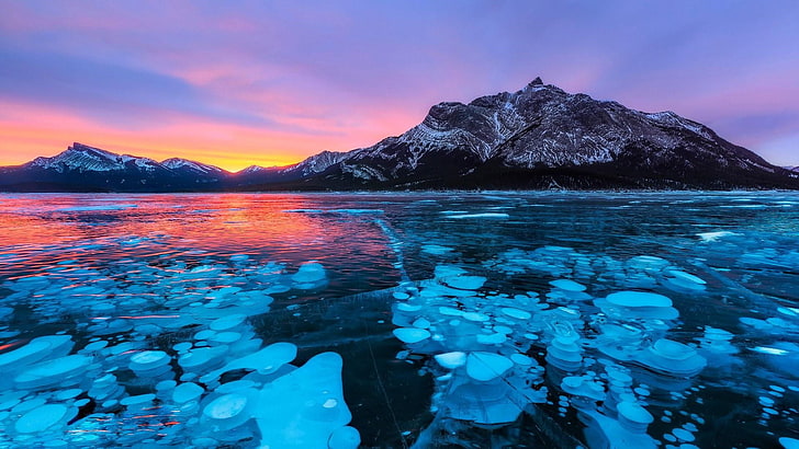 ice, mountain lake, alberta rocky mountains, abraham lake, ice bubbles, HD wallpaper