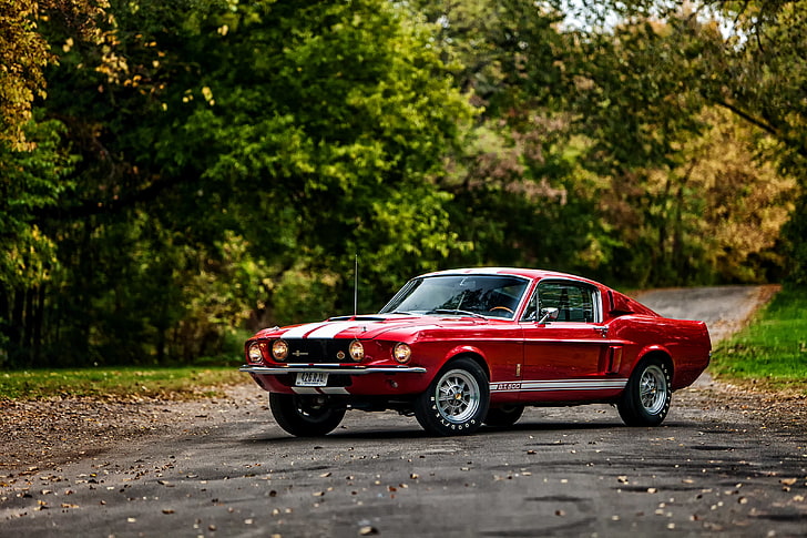 red coupe, Ford, Shelby, GT500, 1967, with LeMans stripes option, HD wallpaper