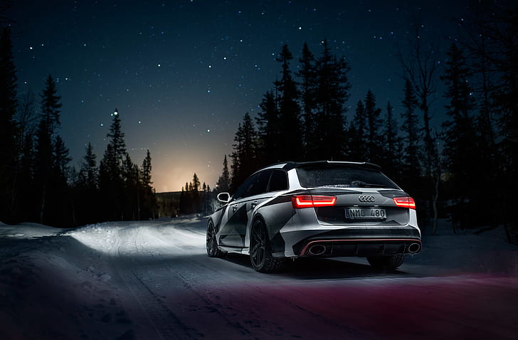 Audi, Road, Night, Snow, Forest, Stars, Quattro, Rs6, HD wallpaper