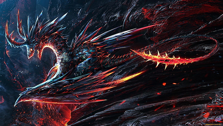 gray and red dragon digital wallpaper, Fire dragon, motion, no people