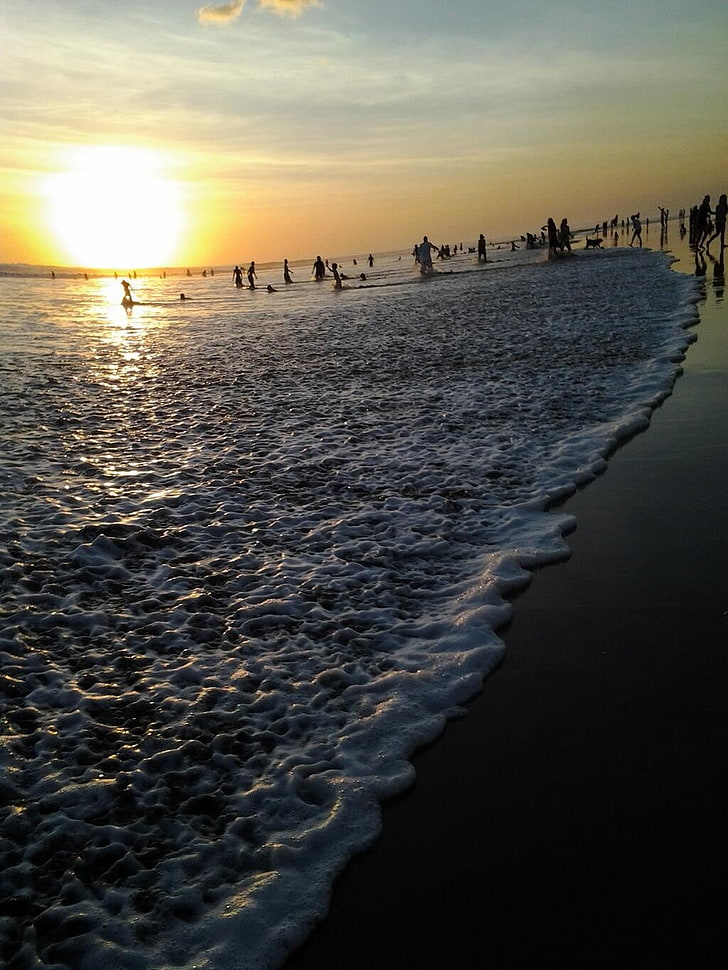 gray sand, beach, sunset, Bali, waves, people, sky, water, sea