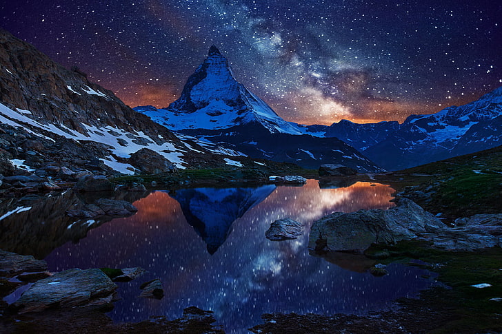 lake surrounded by mountains wallpaper, the sky, stars, snow, HD wallpaper