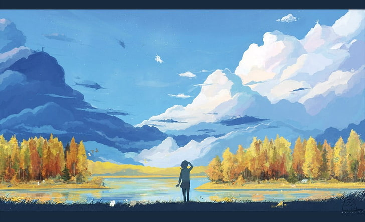 painting of person standing near body of water, anime, fall, manga
