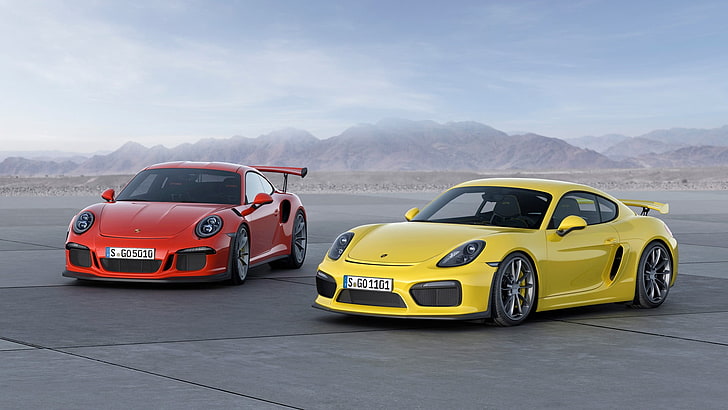 two yellow and red coupes, Porsche 911 GT3 RS, car, Porsche Cayman GT4