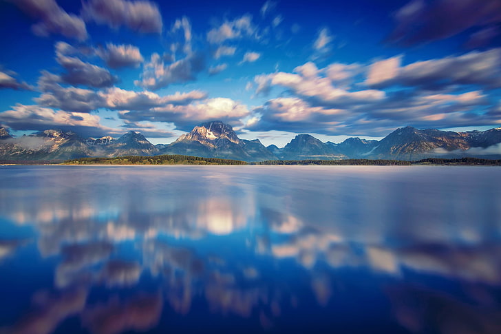 body of water and mountain wallpaper, the sky, clouds, reflection, HD wallpaper