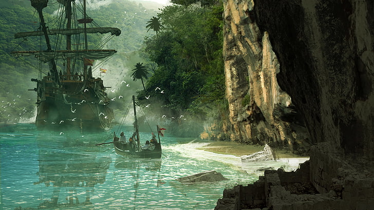 galleon ship and boat illustration, island, cave, landscape, Assassin's Creed