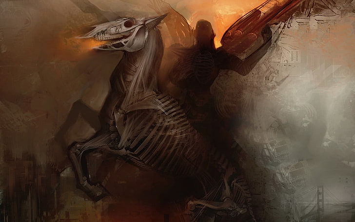 person riding on brown skeleton horse painting, warrior, creativity, HD wallpaper