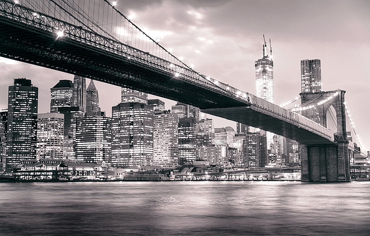 Brooklyn Bridge, New York, night, the city, lights, river, building, HD wallpaper