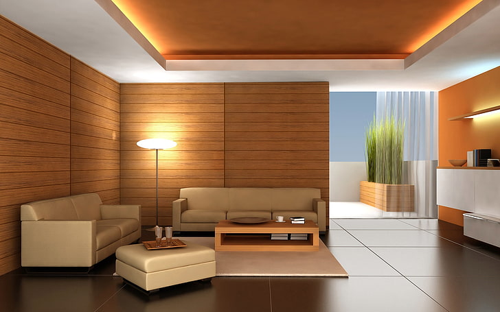 beige leather 2-piece sofa set, table, lamp, room, modern, furniture, HD wallpaper