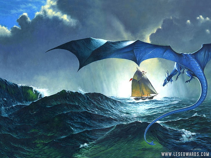 blue dragon flying toward ship painting, sea, water, animals in the wild