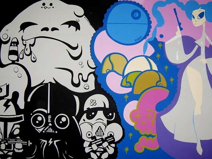 cartoon characters digital wallpaper, graffiti, art and craft, HD wallpaper
