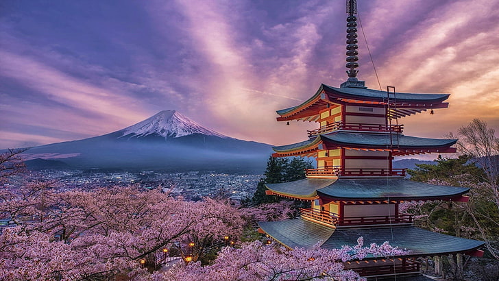 Hill Of Japan S Mount Fuji At Sunset Background, Crimson Mt, Fuji At Dusk,  From Lake Kawaguchiko Background Image And Wallpaper for Free Download
