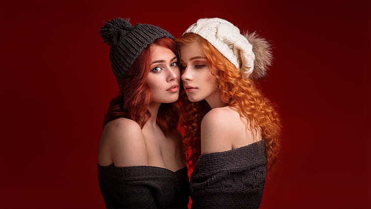 Anastasia Zhilina, two women, looking at viewer, redhead, curly hair, HD wallpaper