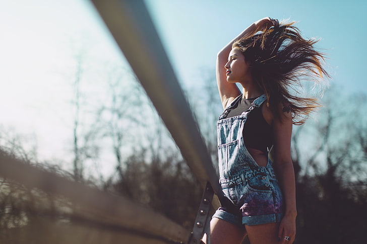 girl, bridge, the wind, hair, photographer, railings, jumpsuit, HD wallpaper