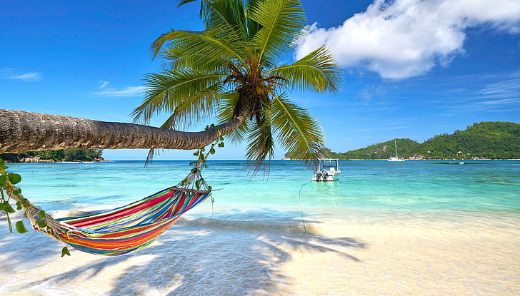 red, blue, yellow, and green pinstriped hammock, sand, sea, beach, HD wallpaper