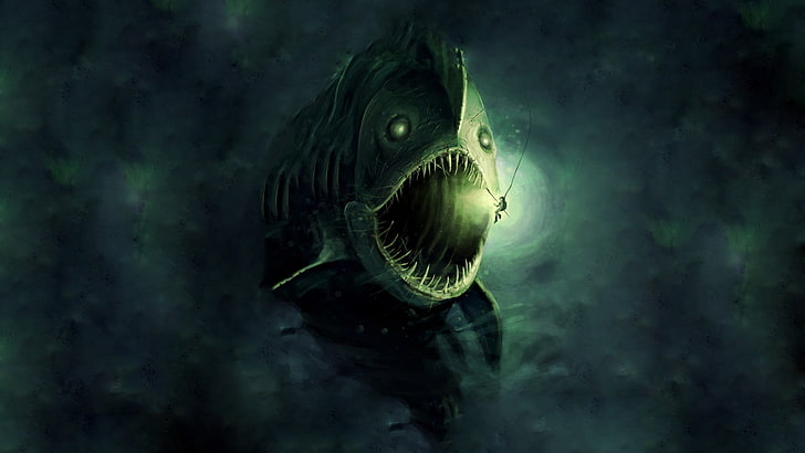 deep sea, Anglerfish, open mouth, lights, divers, fangs, underwater