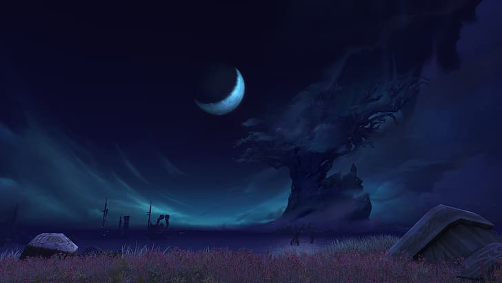 World of Warcraft: Battle for Azeroth, night, Misty, full moon, HD wallpaper