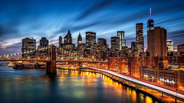 high-rise buildings, road, night, the city, lights, river, New York, HD wallpaper