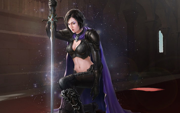 female animated character holding sword while kneeling illustration