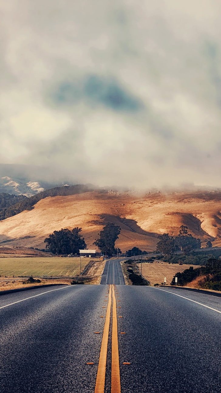 asphalt road, clouds, hills, field, transportation, the way forward