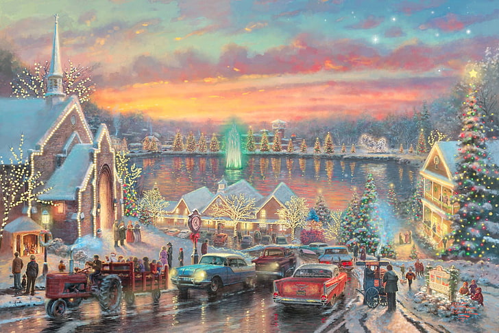 christmas village illustration, road, machine, lights, river