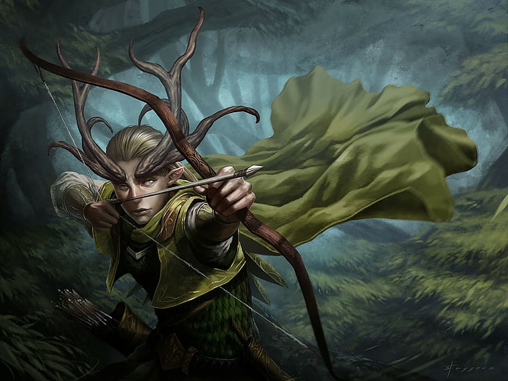 fantasy art, elves, archer, horns, bow